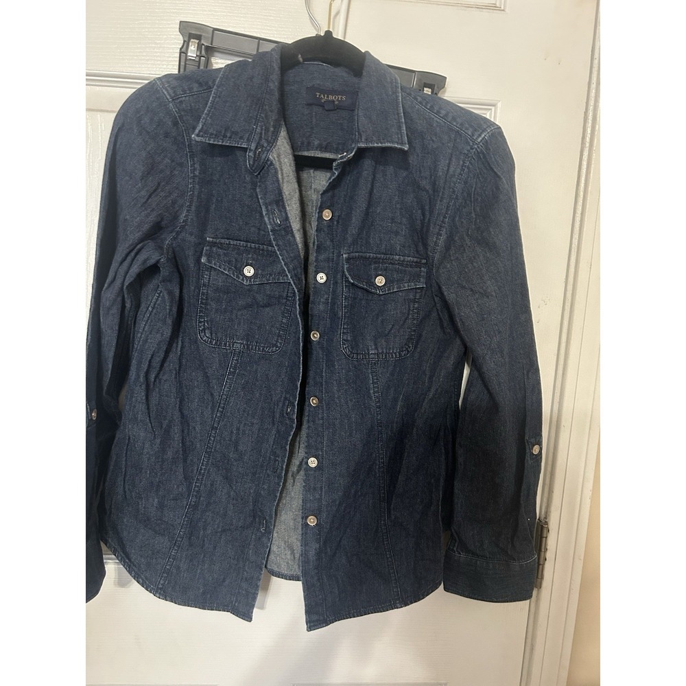 Talbots Denim Button Up Long Sleeve Shirt Dark Wash Blue Pockets Collared 8